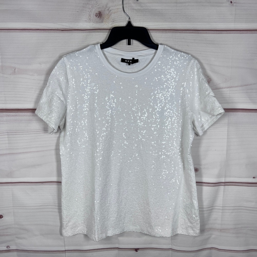 DKNY T-Shirt Womens Large White Sequin Front Short Sleeve Crew Neck Sparkle Top